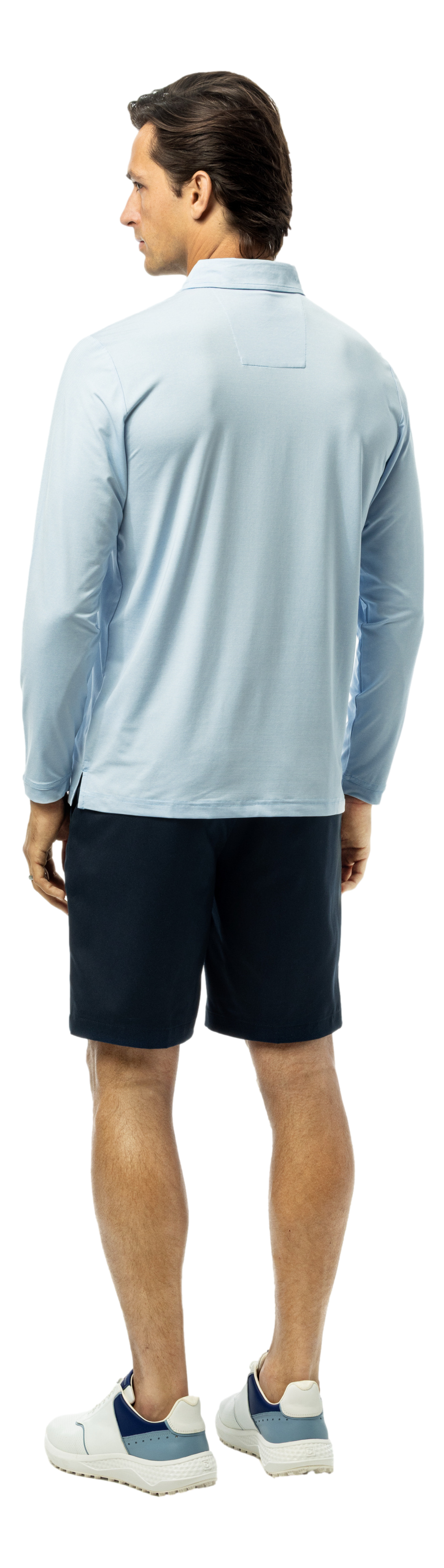 Men's Solmelange Mini-Stripe Polo shirt in Mystic White from SanSoleil Men's Collection, featuring a close-up of the striped fabric.