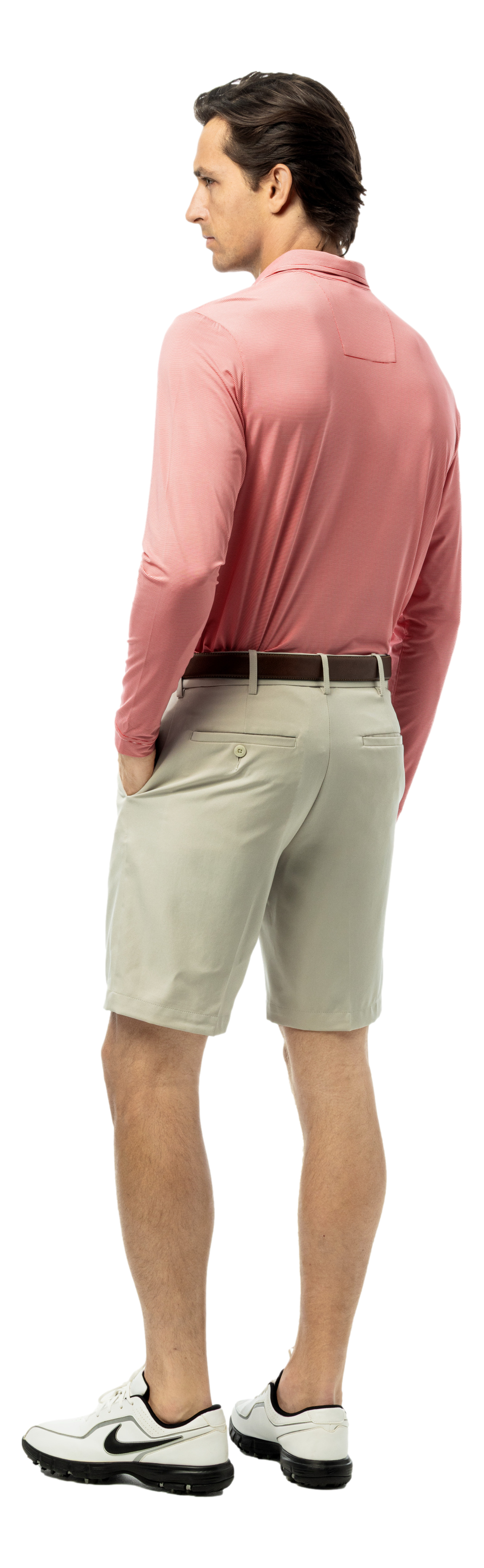 Men's SanSoleil Solmelange mini-stripe polo shirt in true red and white, casual men's collection, front view.
