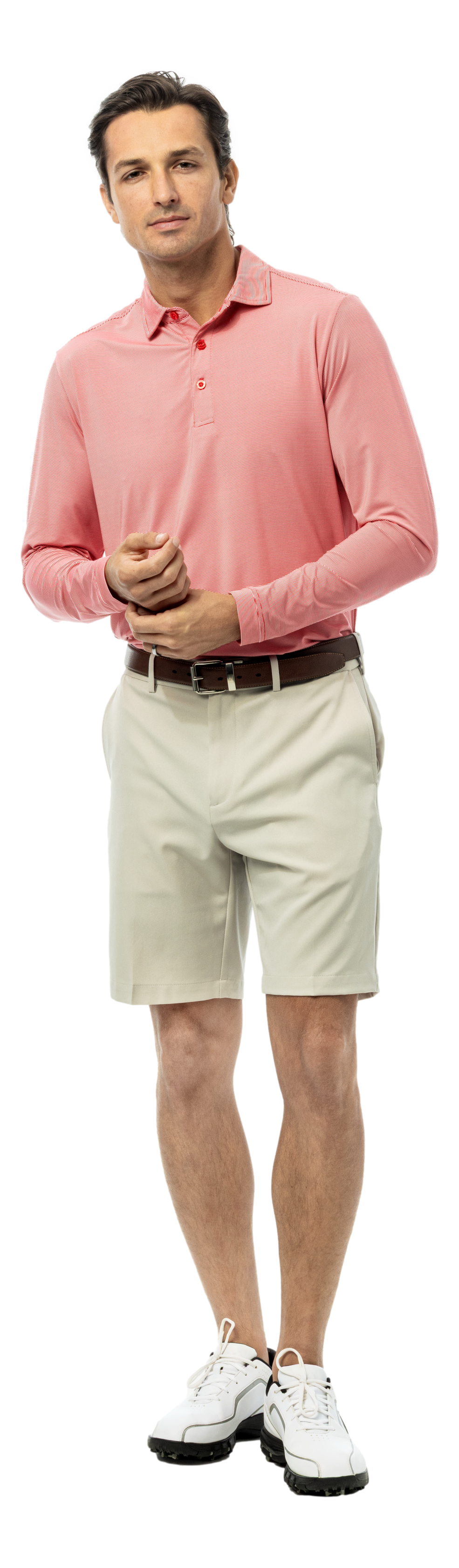 Men's SanSoleil Solmelange mini-stripe polo shirt in true red and white, featuring a classic collar and short sleeves.