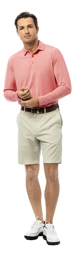 Men's SanSoleil Solmelange mini-stripe polo shirt in true red and white, featuring a classic collar and short sleeves.