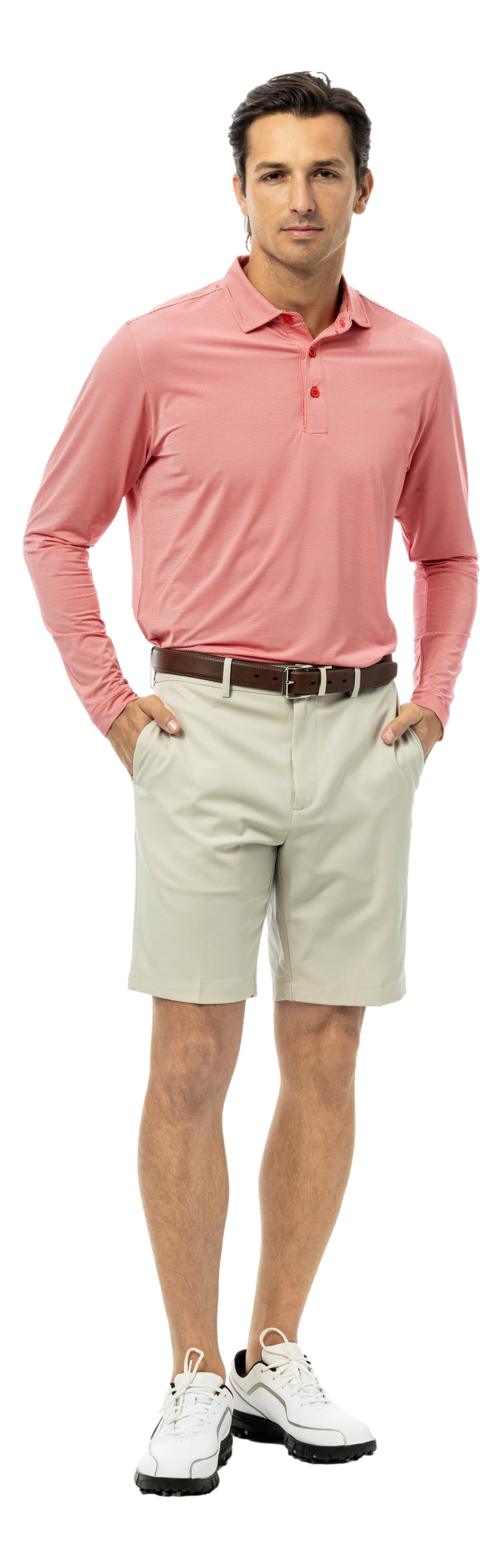 Men's SanSoleil Solmelange mini-stripe polo in true red and white, showing the collar and button placket.