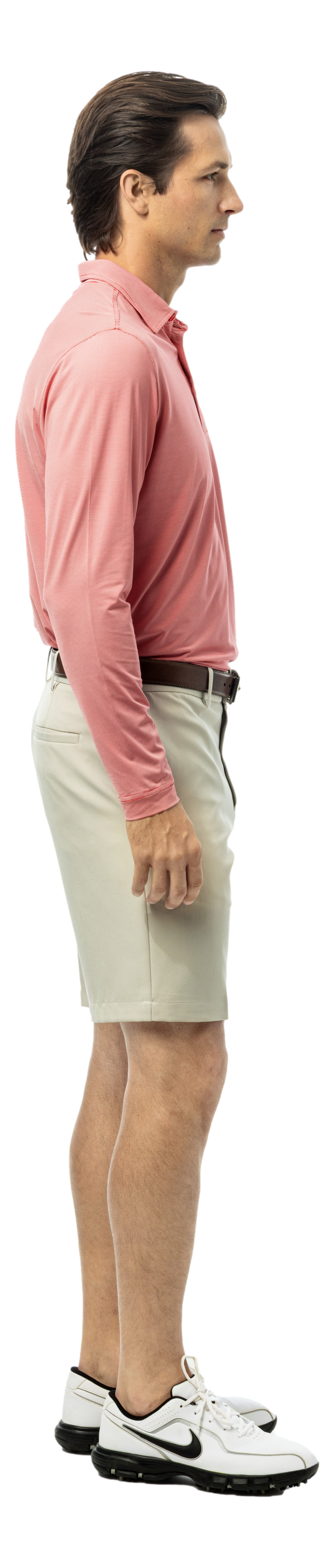 Men's SolMelange mini-stripe polo shirt in true red and white from SanSoleil Men's Collection, shown in a front view.