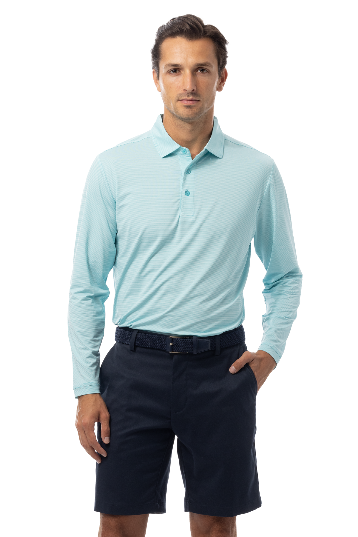SANSOLEIL MEN'S SOLMELANGE ICE MINI-STRIPE POLO. TURQ-WHITE. 900841MM - SanSoleil