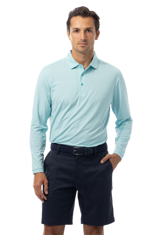 SANSOLEIL MEN'S SOLMELANGE ICE MINI-STRIPE POLO. TURQ-WHITE. 900841MM - SanSoleil