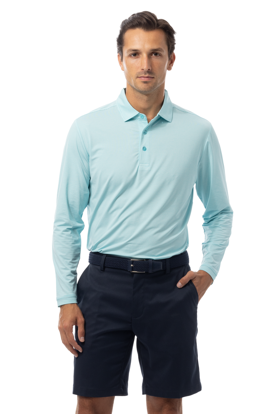 SANSOLEIL MEN'S SOLMELANGE ICE MINI-STRIPE POLO. TURQ-WHITE. 900841MM - SanSoleil