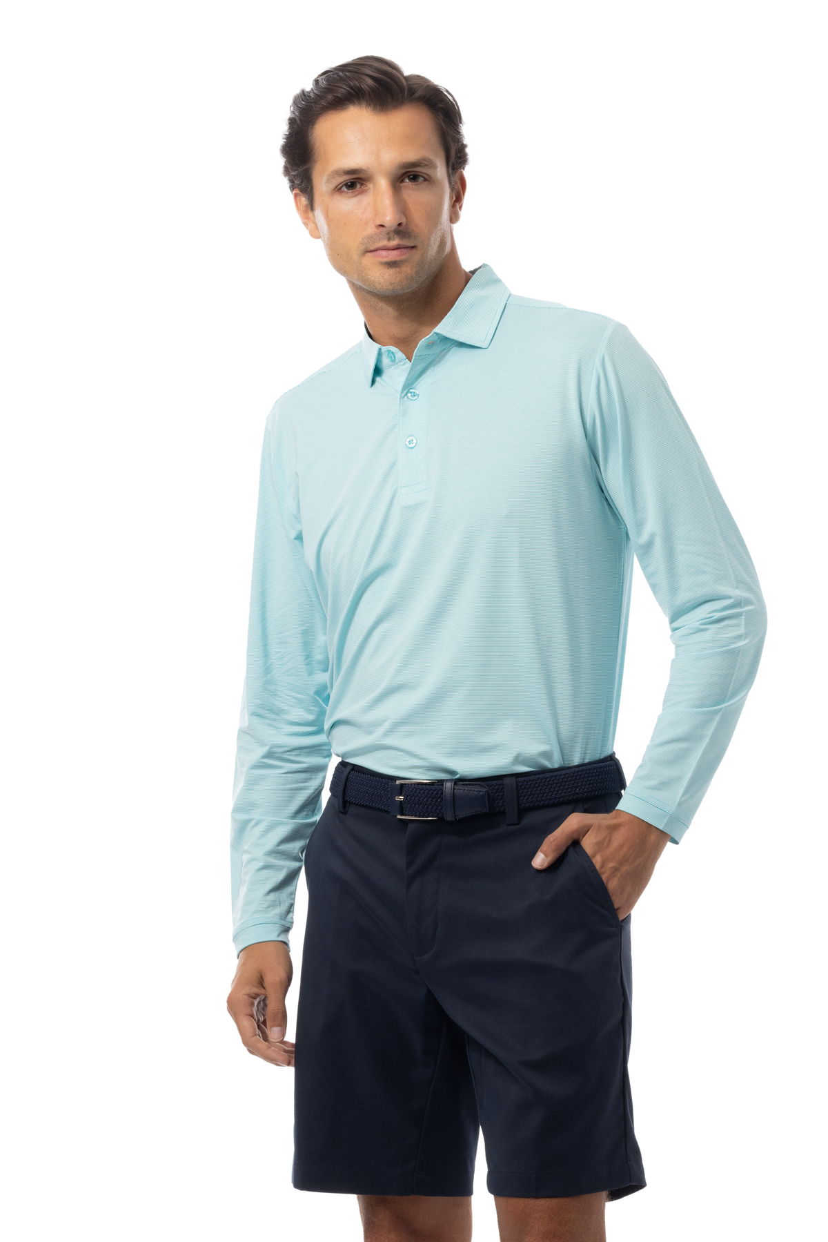 SANSOLEIL MEN'S SOLMELANGE ICE MINI-STRIPE POLO. TURQ-WHITE. 900841MM - SanSoleil