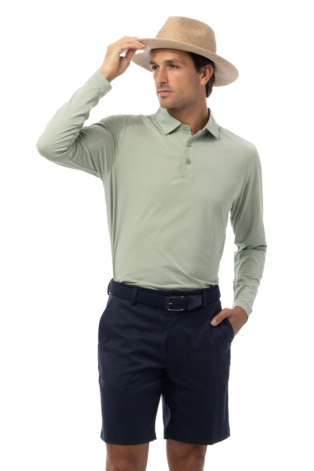 MEN'S SOLMELANGE MINI-STRIPE LONG-SLEEVE POLO. MOSS-WHITE. 900841MM - SanSoleil