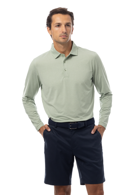 MEN'S SOLMELANGE MINI-STRIPE LONG-SLEEVE POLO. MOSS-WHITE. 900841MM - SanSoleil