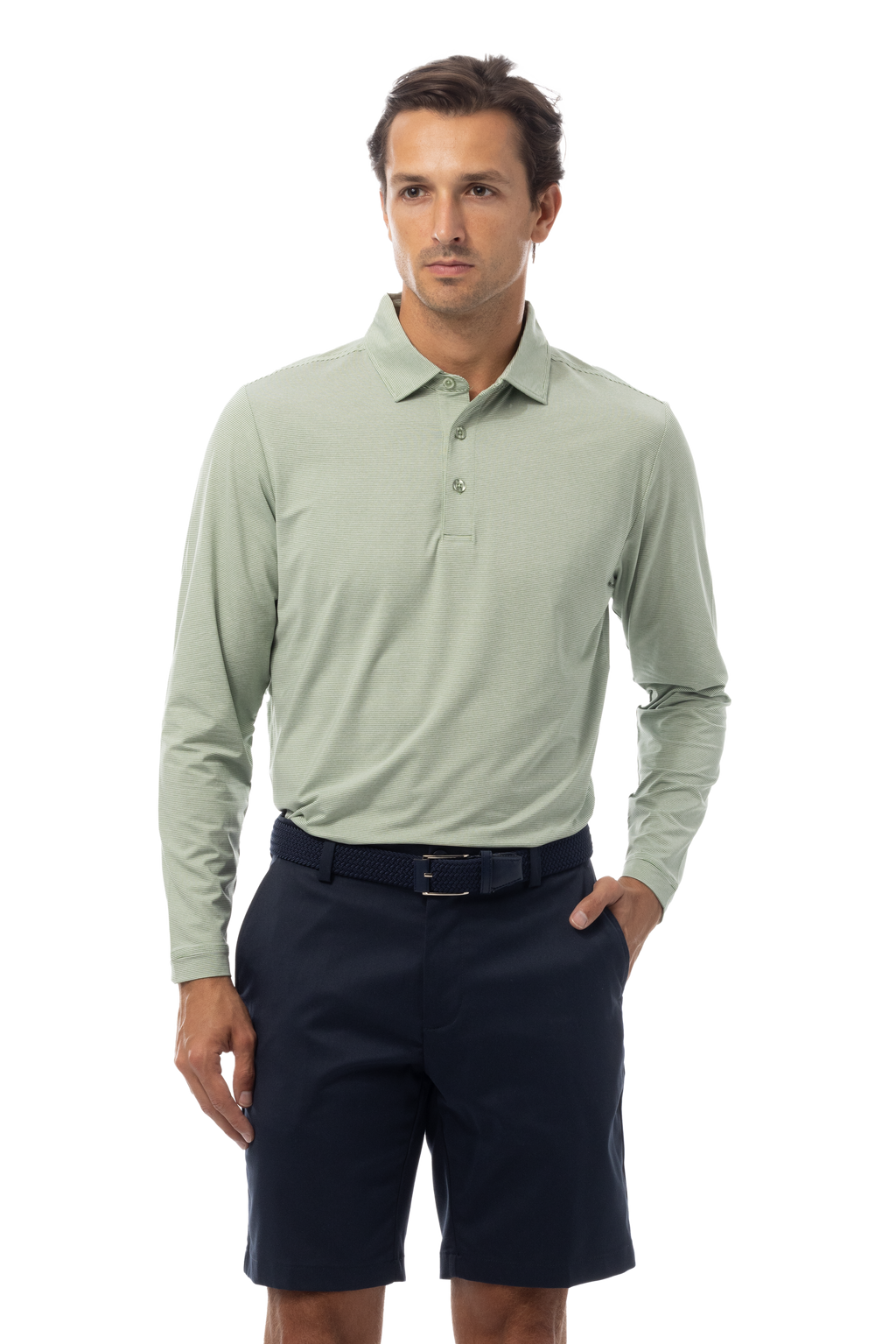 MEN'S SOLMELANGE MINI-STRIPE LONG-SLEEVE POLO. MOSS-WHITE. 900841MM - SanSoleil
