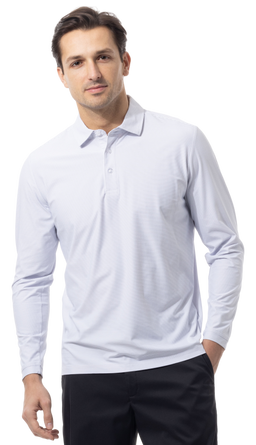 SANSOLEIL'S MEN'S SOLAIR LONG SLEEVE POLO. WHITE BLACK. STRIPE. 900841S - SanSoleil
