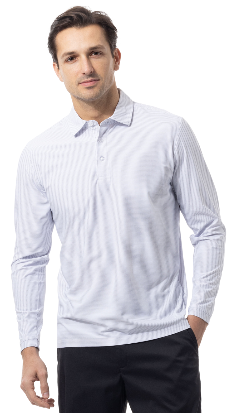 SANSOLEIL'S MEN'S SOLAIR LONG SLEEVE POLO. WHITE BLACK. STRIPE. 900841S - SanSoleil
