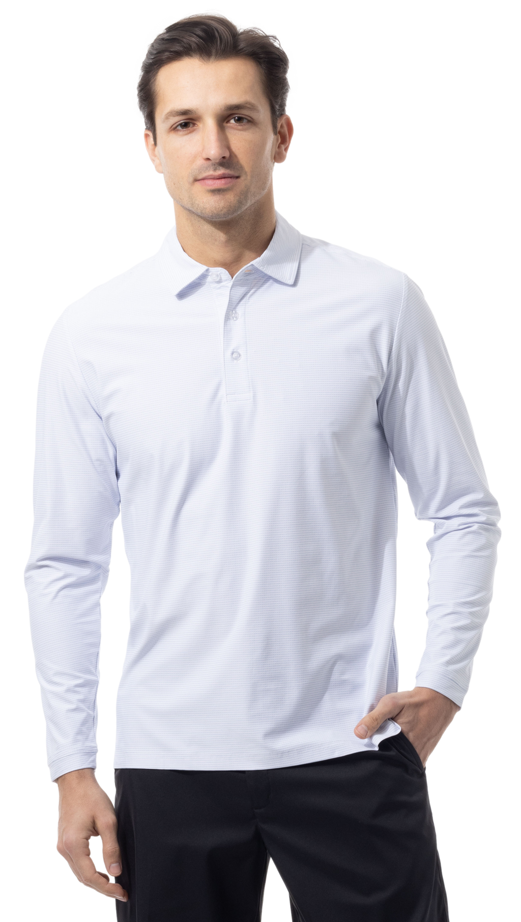 SANSOLEIL'S MEN'S SOLAIR LONG SLEEVE POLO. WHITE COASTAL. STRIPE. 900841S - SanSoleil