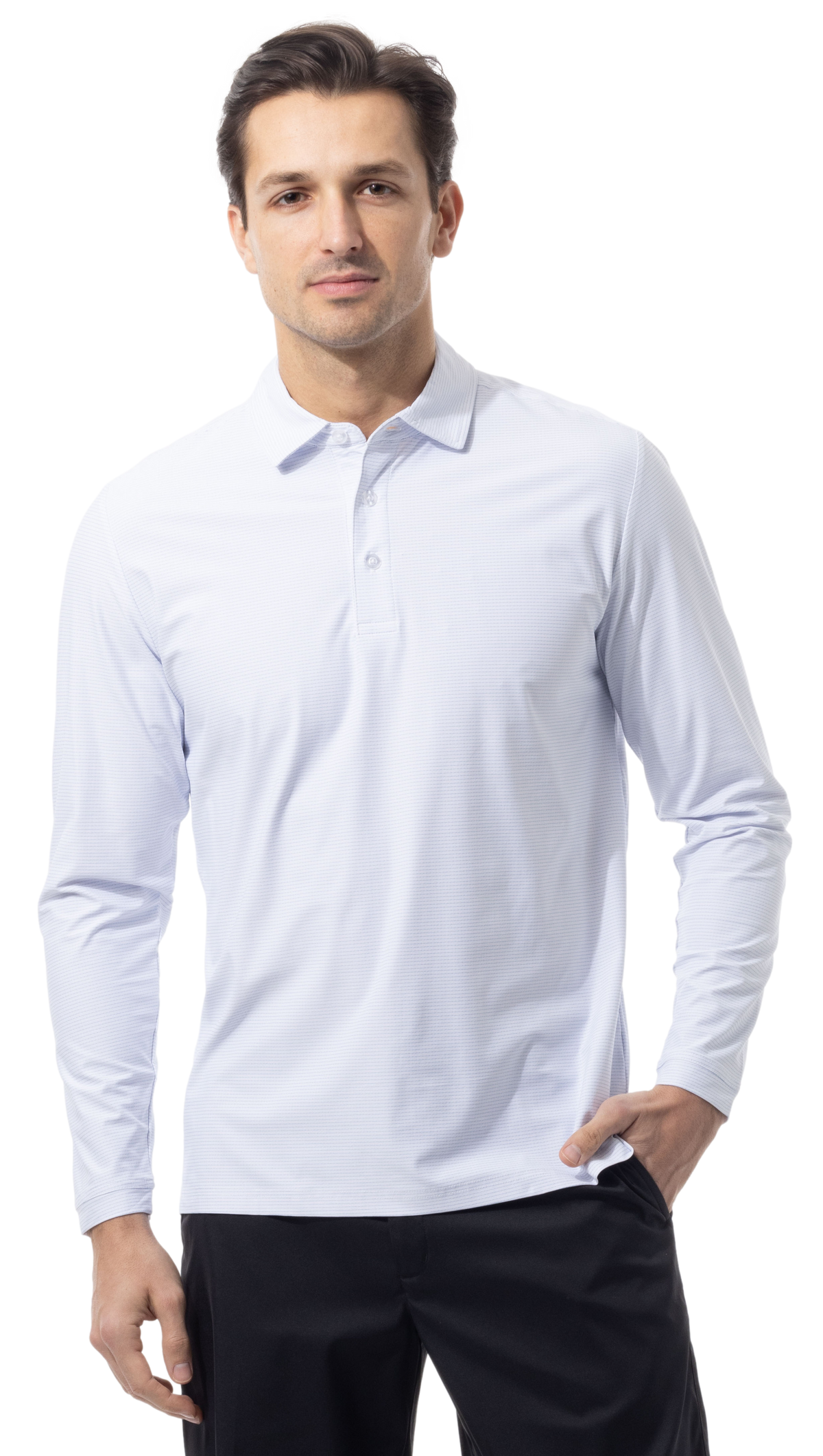SANSOLEIL'S MEN'S SOLAIR LONG SLEEVE POLO. WHITE COASTAL. STRIPE. 900841S - SanSoleil