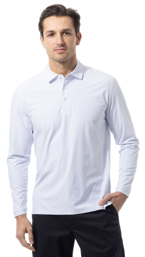 SANSOLEIL'S MEN'S SOLAIR LONG SLEEVE POLO. WHITE COASTAL. STRIPE. 900841S - SanSoleil