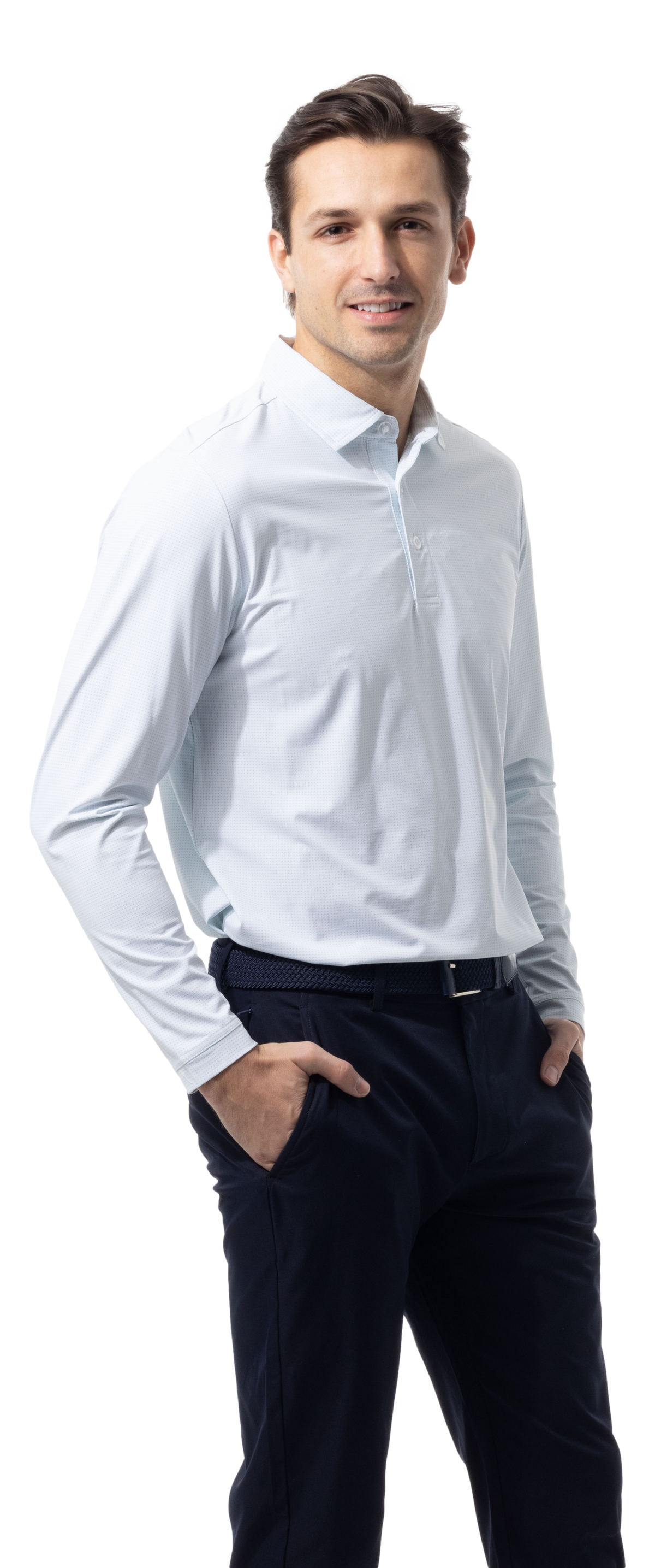 SANSOLEIL'S MEN'S SOLAIR LONG SLEEVE POLO. WHITE COASTAL. STRIPE. 900841S - SanSoleil