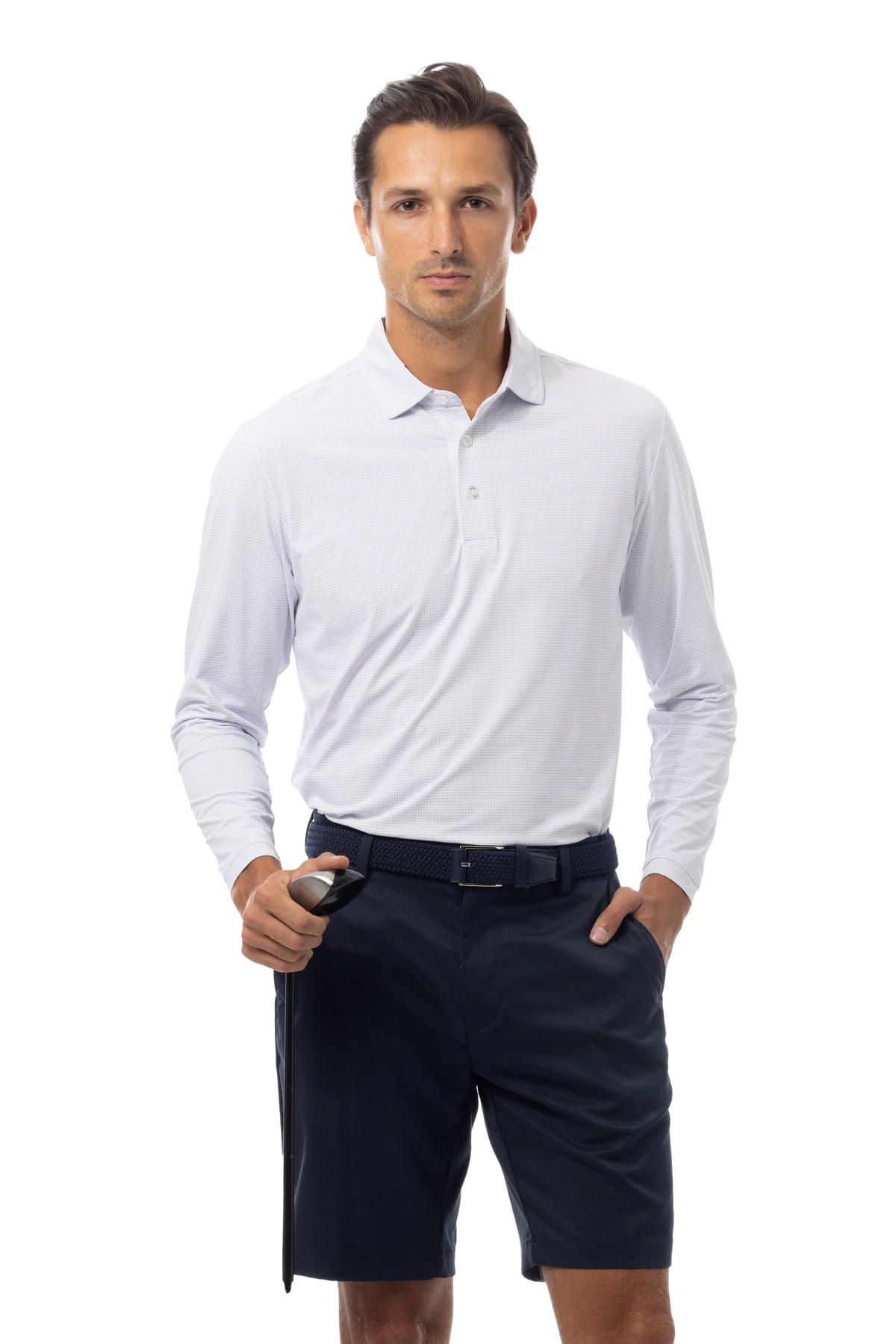 SANSOLEIL'S MEN'S SOLAIR LONG SLEEVE POLO. WHITE NAVY - 900841A - SanSoleil