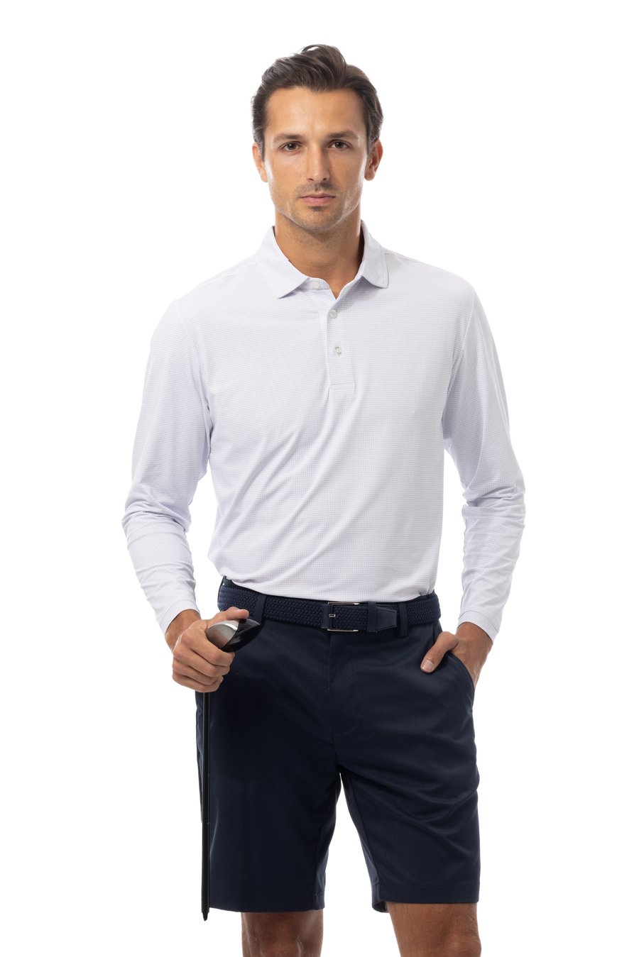 SANSOLEIL'S MEN'S SOLAIR LONG SLEEVE POLO. WHITE NAVY - 900841A - SanSoleil