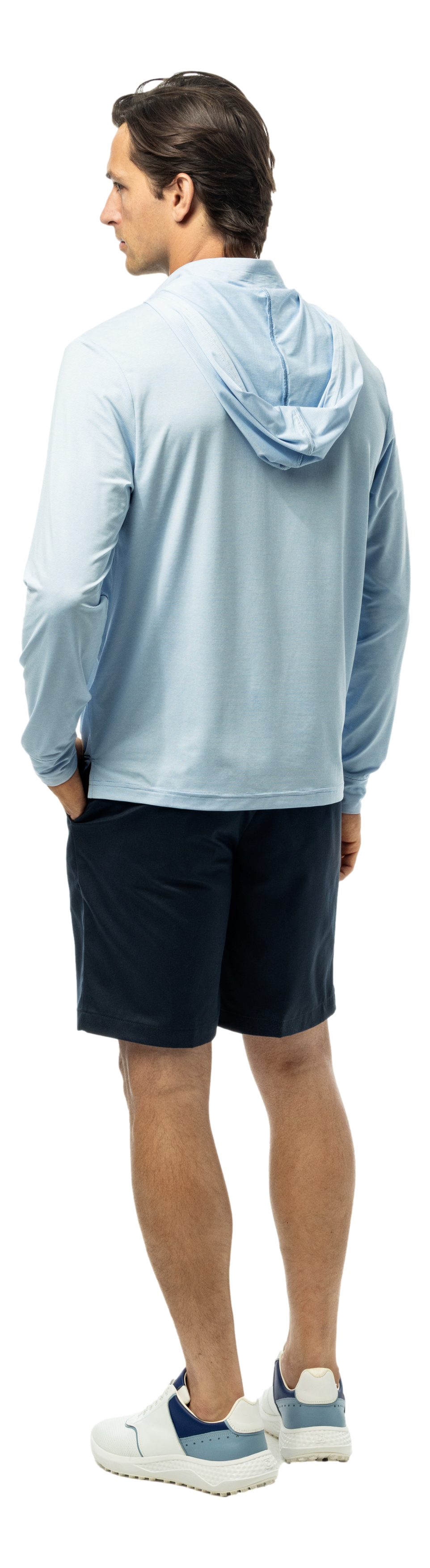 Men's Solmelange Mini-Stripe Hybrid Hoodie in Malibu White by SanSoleil Men's collection, with a close-up of the striped fabric and hoodie design.