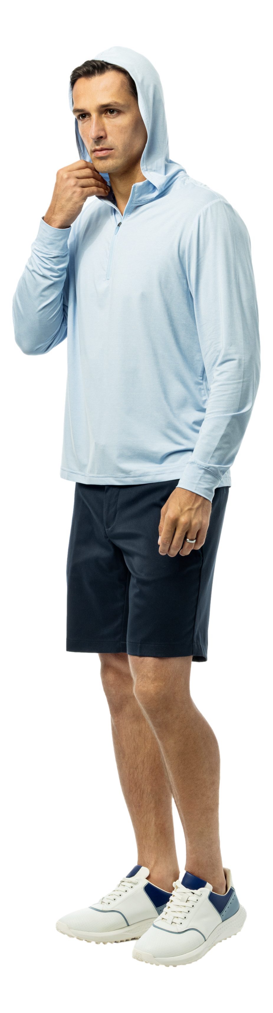 SanSoleil Men's mini-stripe hybrid hoodie in Malibu White, featuring a casual fit with subtle stripe details and a hood.