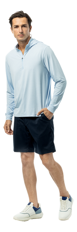 Men's Solmelange mini-stripe hybrid hoodie in Malibu white by SanSoleil Men's collection, featuring a cozy hood and stylish design.