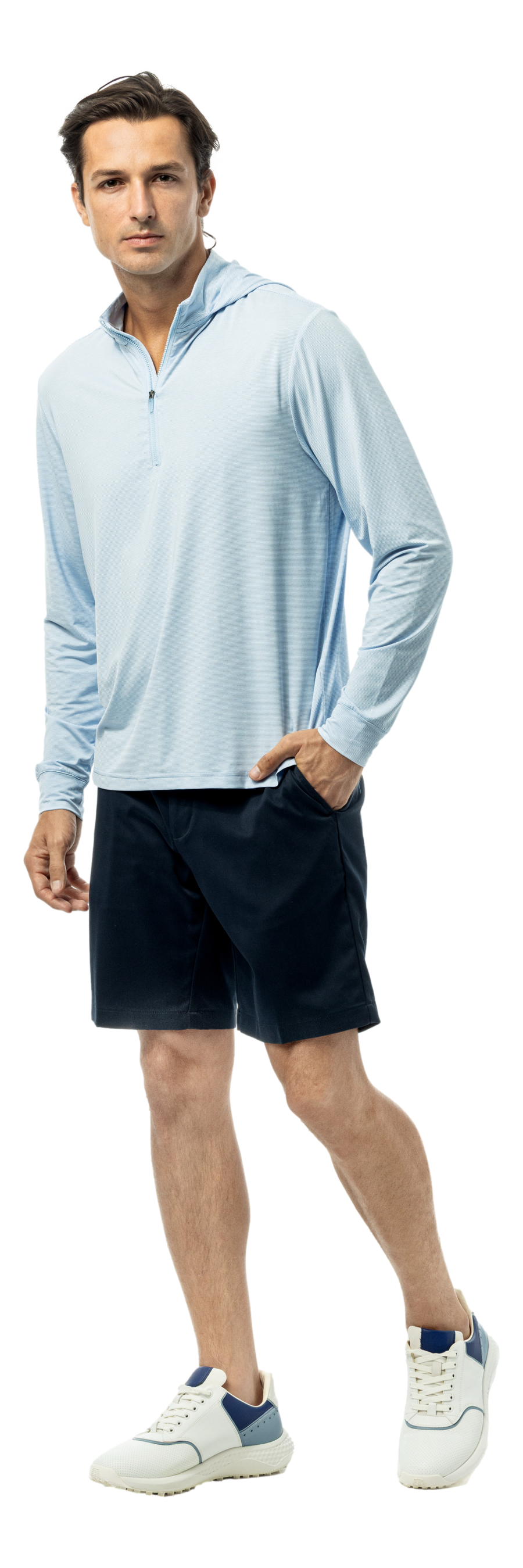 Men's Solmelange mini-stripe hybrid hoodie in Malibu white by SanSoleil Men's collection, featuring a cozy hood and stylish design.