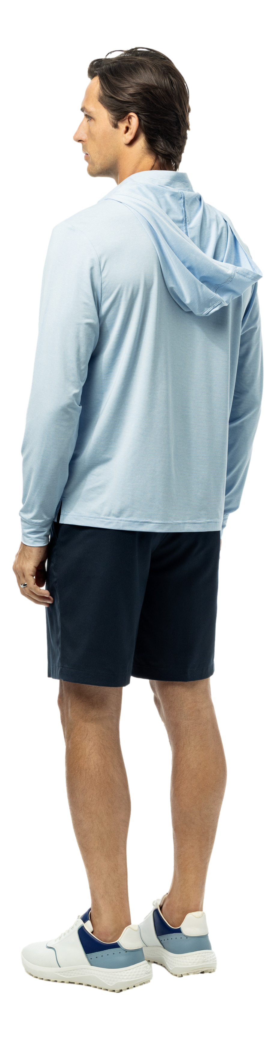 Men's Solmelange mini-stripe hybrid hoodie in Malibu White from SanSoleil Men's Collection, featuring a stylish, casual fit.