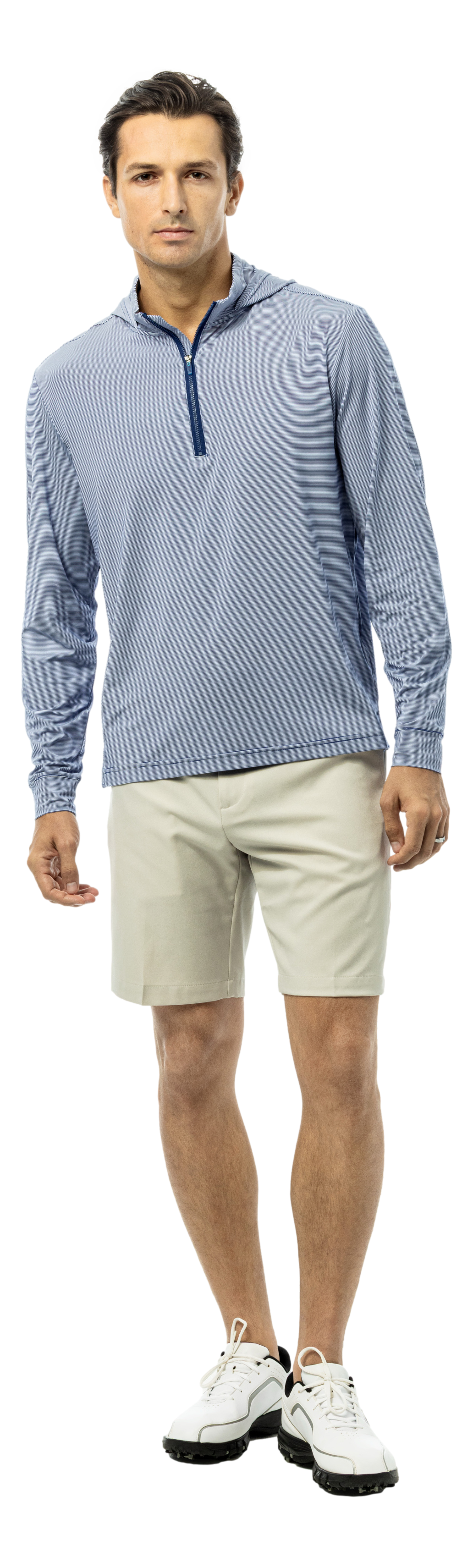 Men's SanSoleil mini-stripe hybrid hoodie in midnight white, featuring a stylish design and comfortable fit.