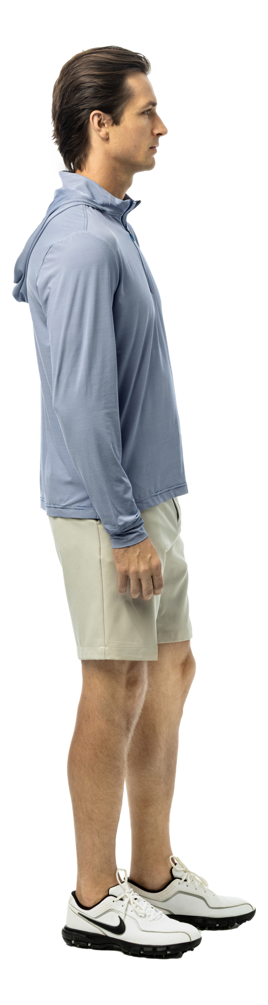 Men's Solmelange mini-stripe hybrid hoodie in Midnight White from SanSoleil Men's collection, featuring a close-up of the fabric and design.
