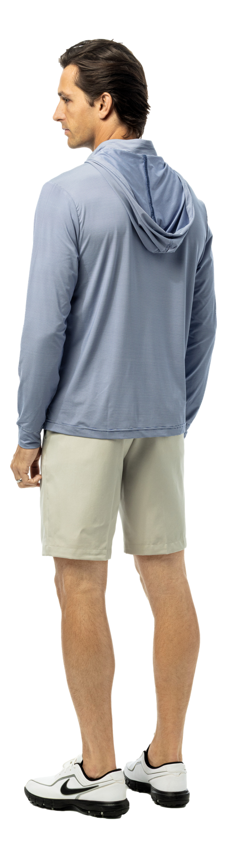 SanSoleil Men's men's Solmelange mini-stripe hybrid hoodie in midnight white, featuring a stylish knit design and comfortable fit.