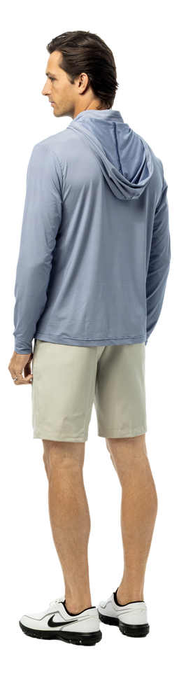 SanSoleil Men's men's Solmelange mini-stripe hybrid hoodie in midnight white, featuring a stylish knit design and comfortable fit.