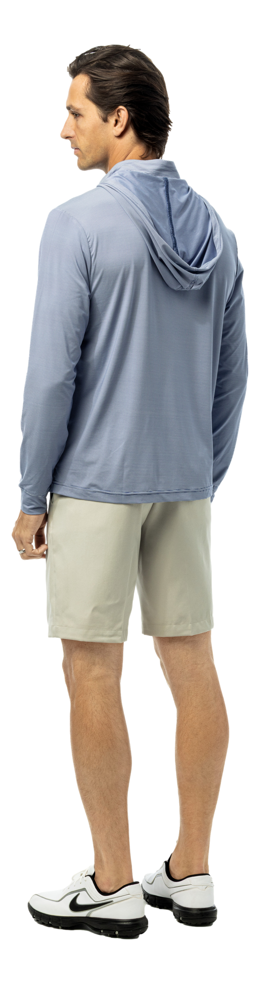 SanSoleil Men's men's Solmelange mini-stripe hybrid hoodie in midnight white, featuring a stylish knit design and comfortable fit.