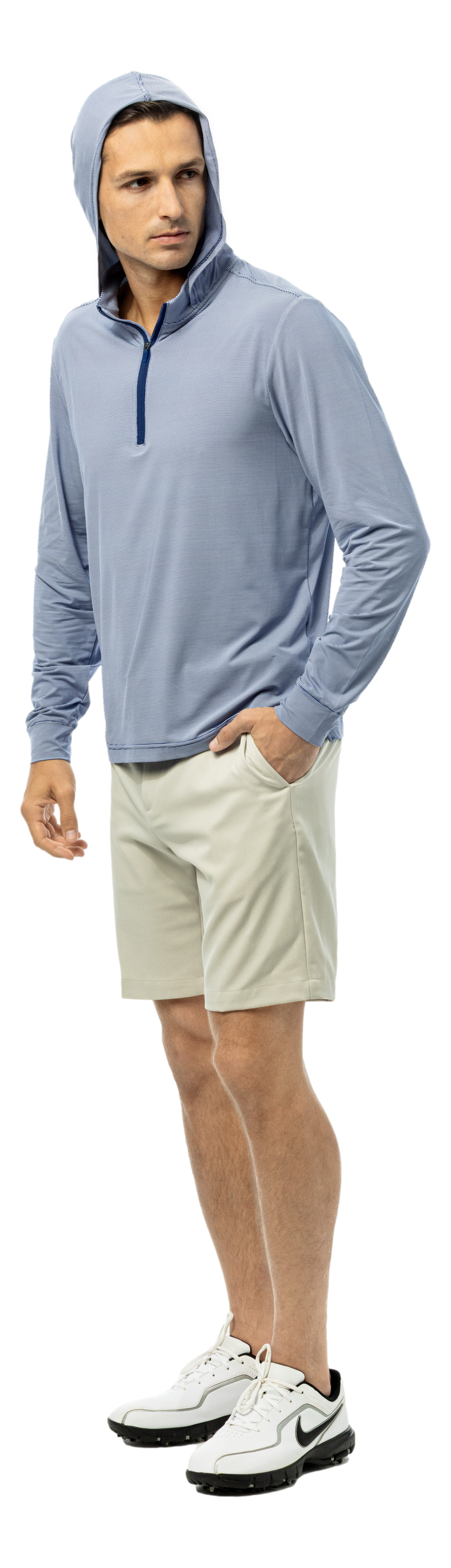 Men's SanSoleil Solmelange mini-stripe hybrid hoodie in midnight white, featuring a comfortable fit and stylish design.