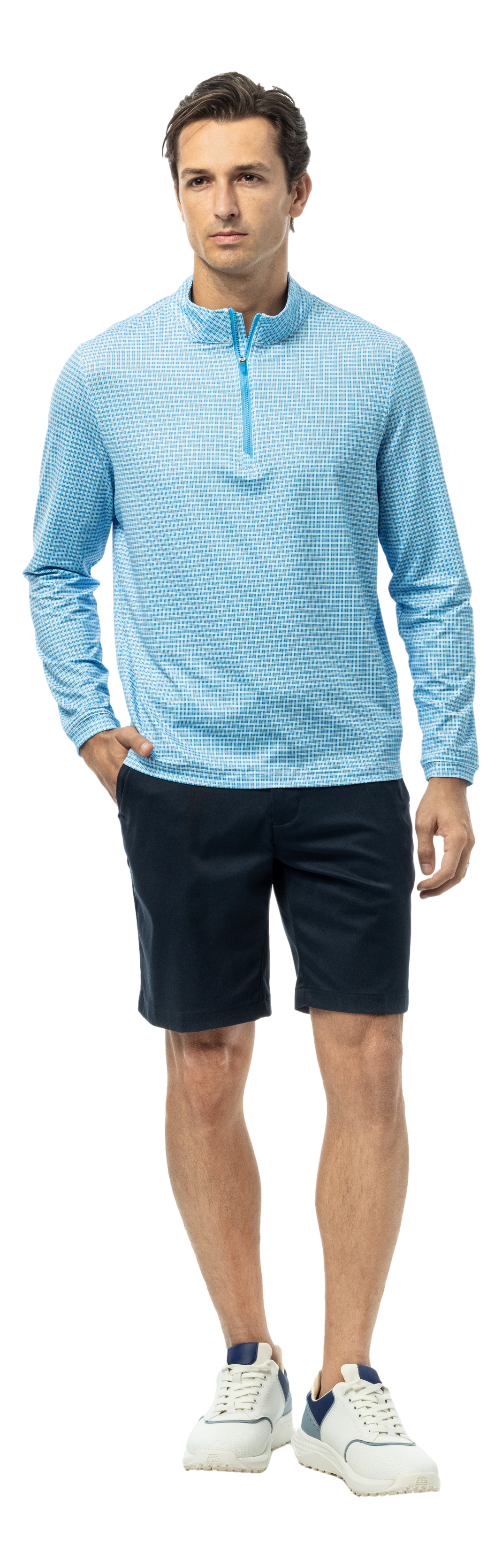 Men's Soltek Ice long sleeve pullover by SanSoleil Men's in Blue Jay, featuring a comfortable fit and stylish design.