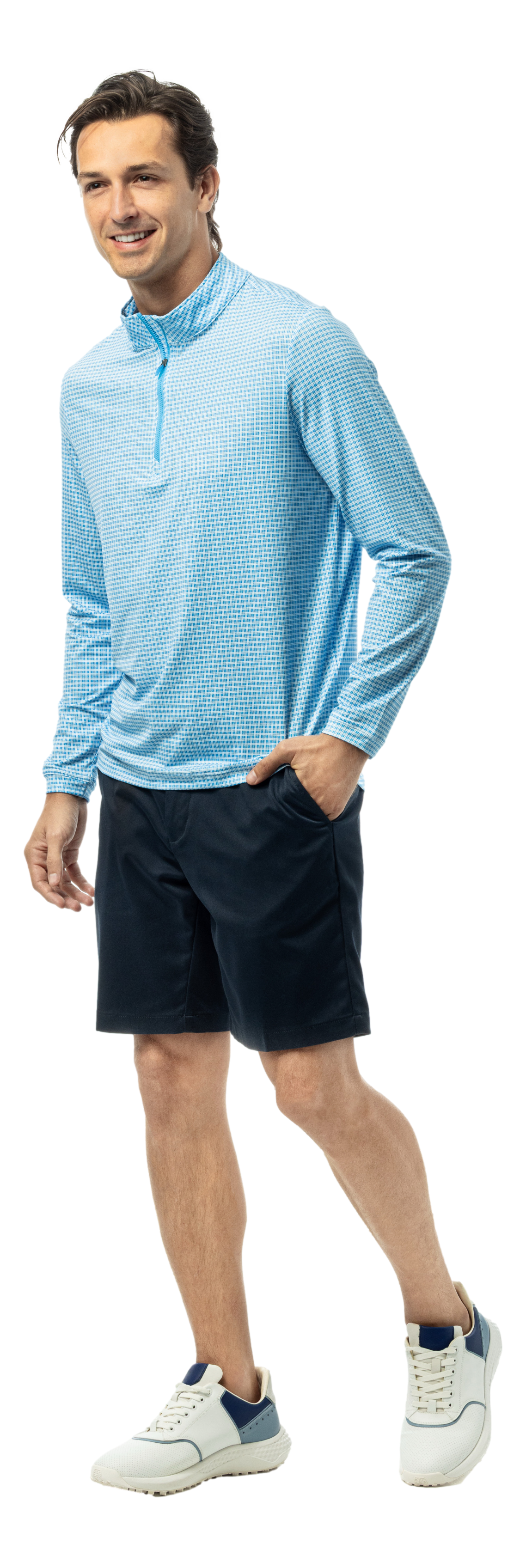Men's SolTek Ice long sleeve pullover from SanSoleil Men's collection, in Crossroads Blue Jay, with a comfortable fit and soft fabric.