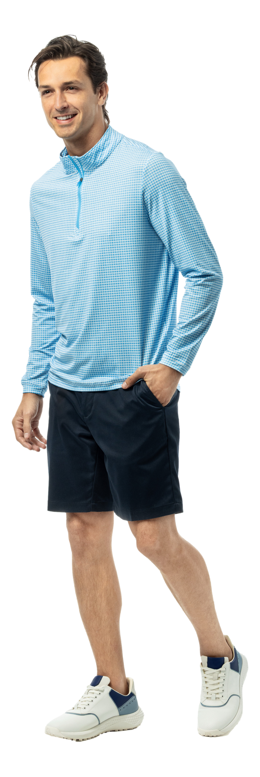 Men's SolTek Ice long sleeve pullover from SanSoleil Men's collection, in Crossroads Blue Jay, with a comfortable fit and soft fabric.