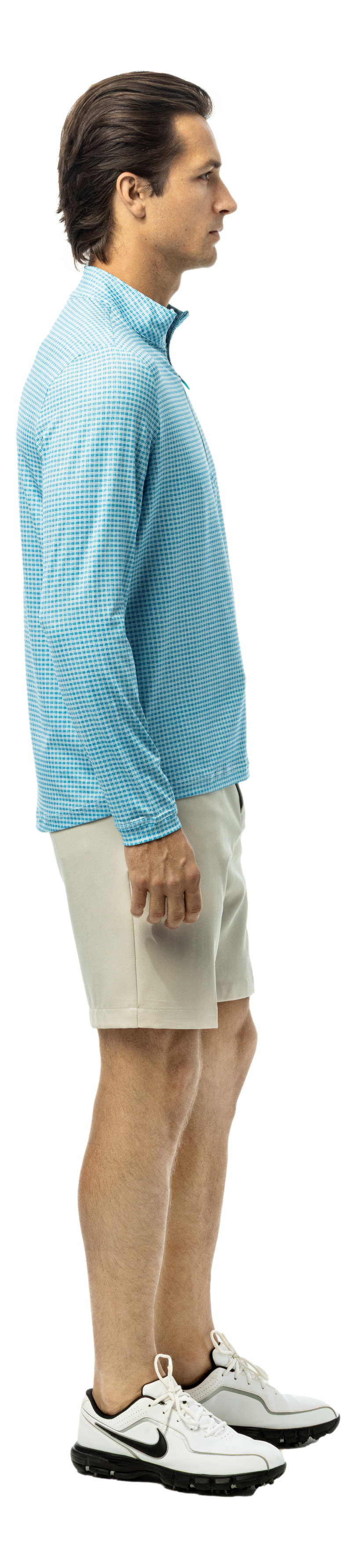 Men's Soltek Ice long sleeve pullover by SanSoleil Men's, in Mystic Blue with Crossroads design, featuring a comfortable fit and stylish look.