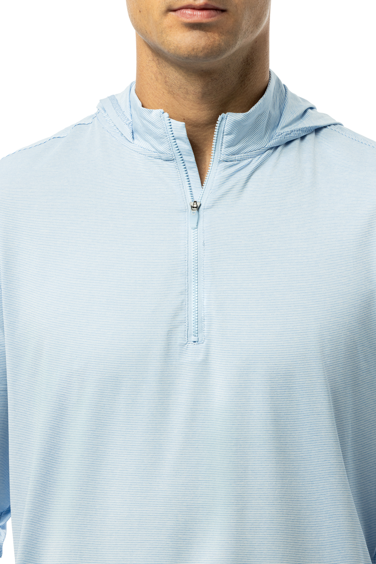 SanSoleil Men's Solmelange Mini-Stripe Hybrid Hoodie in Malibu White, showing the lightweight fabric and subtle stripe pattern.