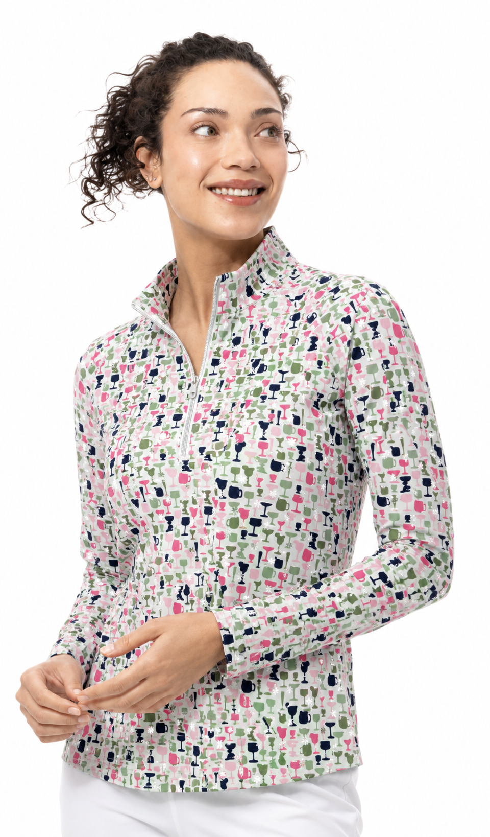 SOLSHINE PRINT 1/4 ZIP MOCK. SIP & SPARKLE. SILVER. 900320 - SanSoleil